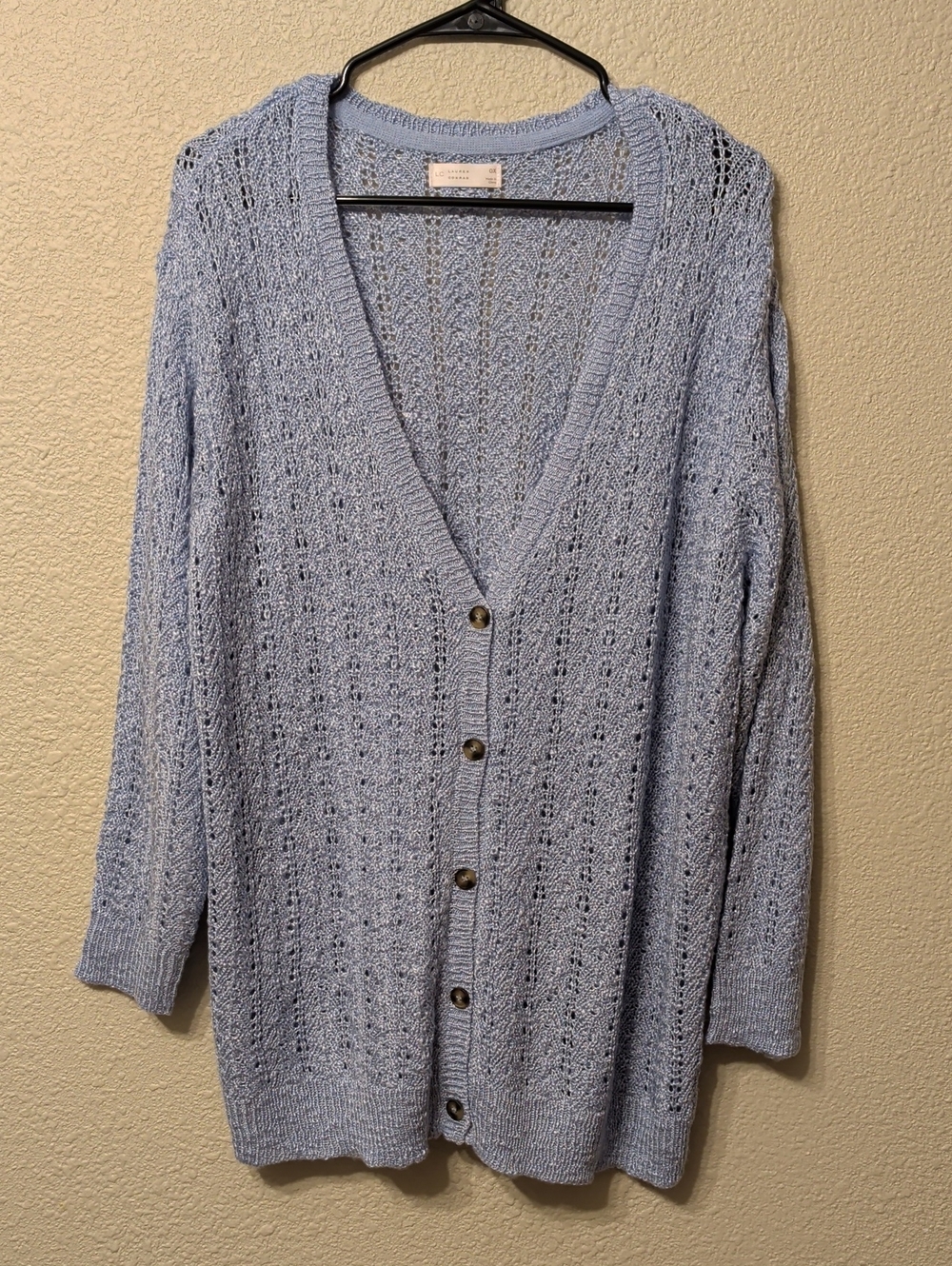 LC Lauren Conrad Light Blue Open-Knit V-Neck Button Cardigan
